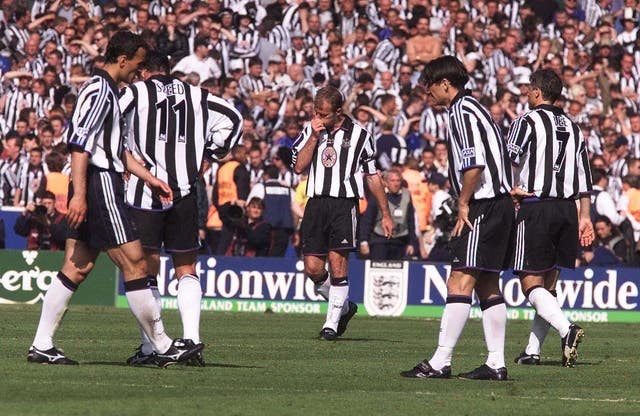 Newcastle striker Alan Shearer shows his disappointment after the club's 1999 FA Cup final defeat by Manchester United