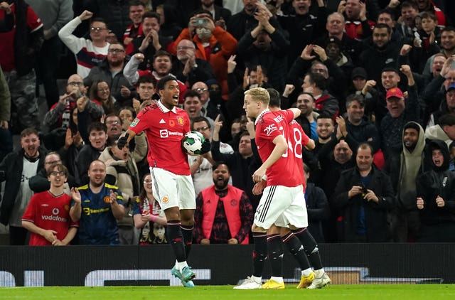Manchester United’s Anthony Martial, left celebrates scoring 
