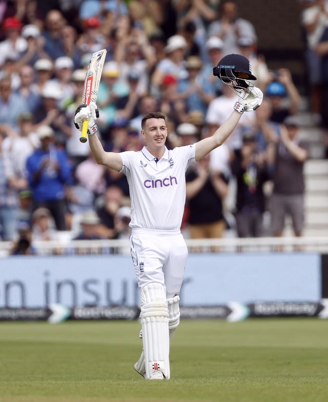 England's Harry Brook celebrates his century against the West Indies in July