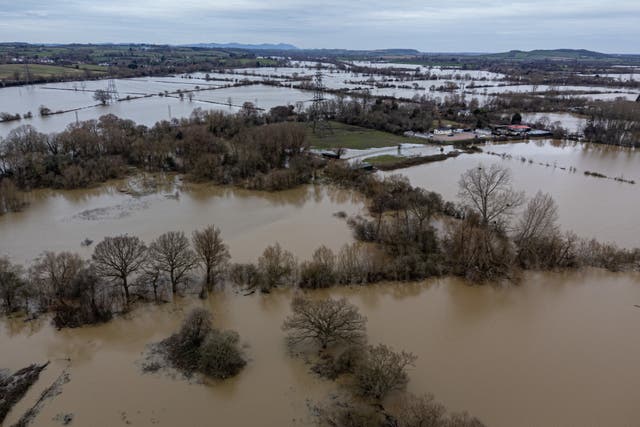 Aerial view of flood water on the outskirts of Gloucester as fields sit saturated in water