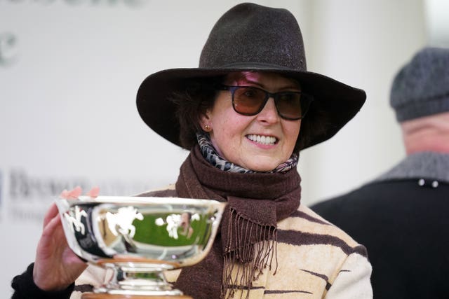 Venetia Williams with her Festival trophy in March 