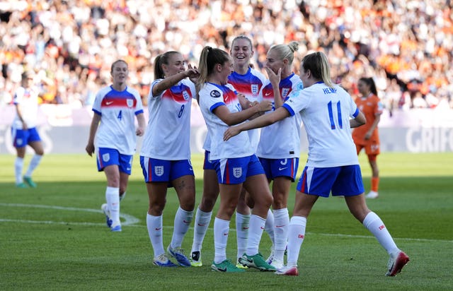 England’s Ella Toone, centre left, celebrates her goal against the Netherlands with team-mates, from left, Georgia Stanway, Alessia Russo, Alex Greenwood and Lauren Hemp