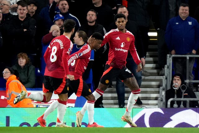 Manchester United’s Marcus Rashford (right) celebrates the opener at Ipswich