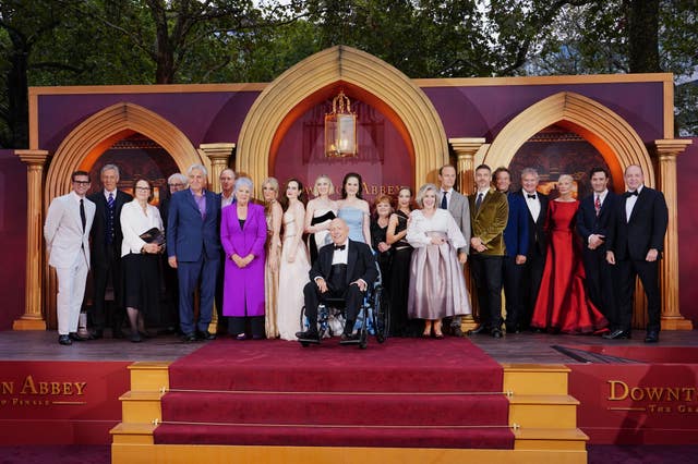Allen Leech, Douglas Reith, Liz Trubridge, Simon Curtis, Jim Carter, Kevin Doyle, Penelope Wilton, Raquel Cassidy, Sophie McShera, Laura Carmichael, Julian Fellowes, Michelle Dockery, Lesley Nicol, Joanne Froggatt, Phyllis Logan, Harry Hadden-Paton, Rob James-Collier, Dominic West, Hugh Bonneville, Joely Richardson, Arty Froushan and Gareth Neame attending the Downton Abbey: The Grand Finale world premiere at Odeon Luxe, Leicester Square, London 