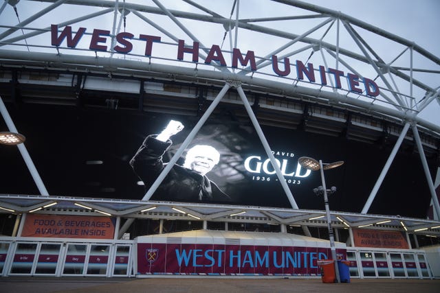 A tribute to David Gold on display on a TV screen at the London Stadium