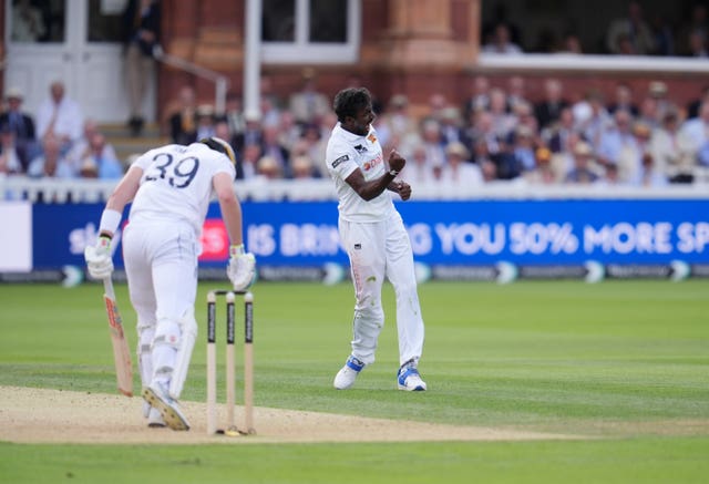 Milan Rathnayake celebrates taking the wicket of Jamie Smith 