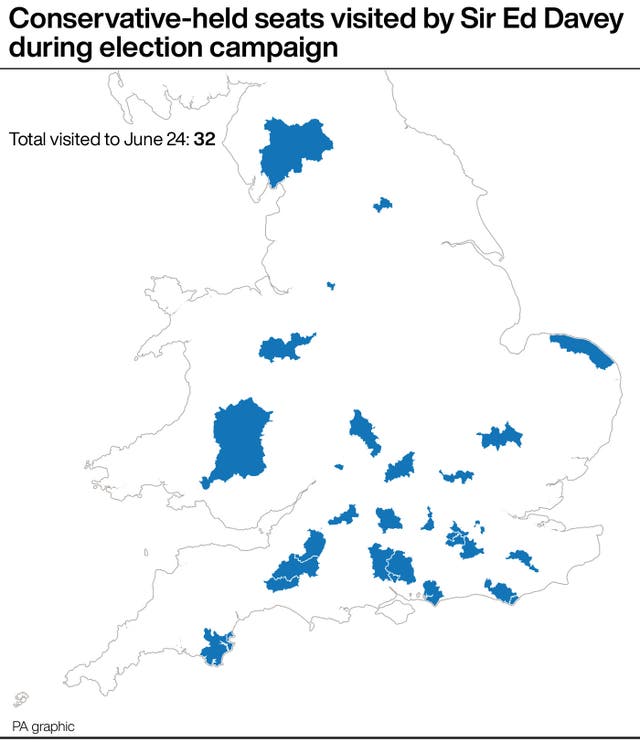 A map showing Conservative-held seats visited by Sir Ed Davey during election campaign
