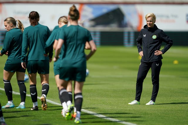 Republic of Ireland manager Vera Pauw, right, coaches during a training session 