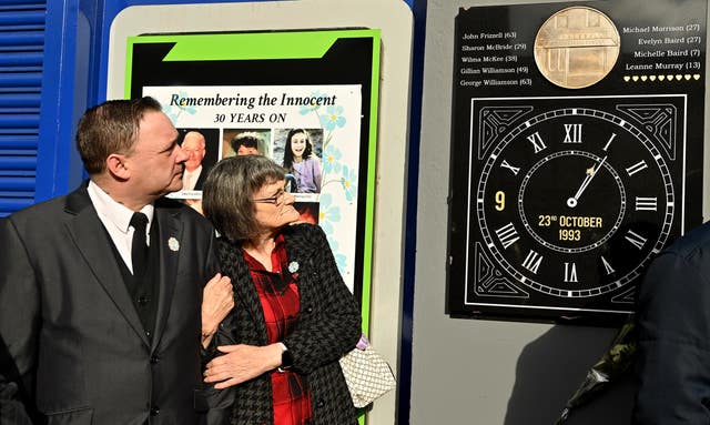 Gary Murray and his mother Gina Murray during the unveiling in 2023 in the Shankill Road in Belfast of a memorial