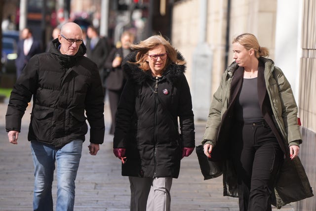 Lyra McKee’s sister, Nichola Corner with her husband John Corner and Lyra McKee’s niece, Laura Rafferty (right) arriving at Belfast Crown Court