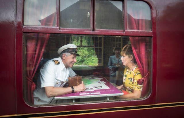 Passengers on a train at Haworth train station during the Haworth 40s weekend