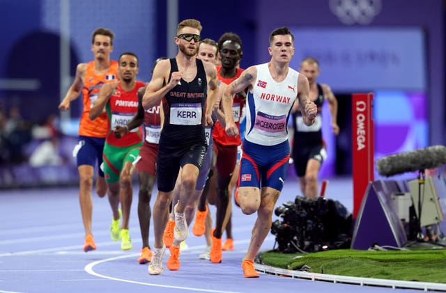 Great Britain’s Josh Kerr and Norway’s Jakob Ingebrigtsen at the front during their 1500m semi-final on Sunday