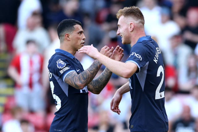 Tottenham’s Dejan Kulusevski (right) celebrates scoring their third goal with team-mate Pedro Porro