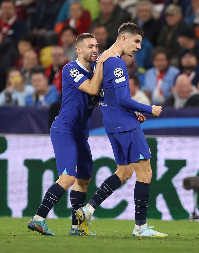 Chelsea’s Kai Havertz (right) celebrates his goal with Mateo Kovacic