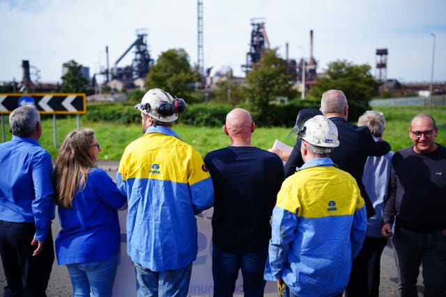 Workers outside Tata Steel’s Port Talbot steelworks in South Wales 