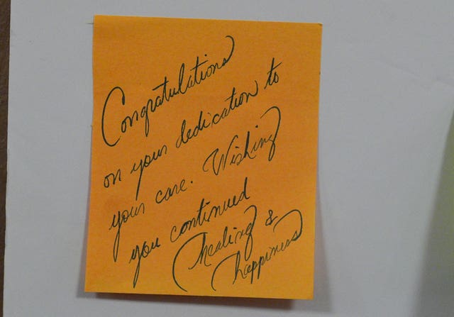 A message written by the Duchess of Sussex during her visit to Jordan which reads 'Congratulations on your dedication to your care. Wishing you continued healing and happiness'