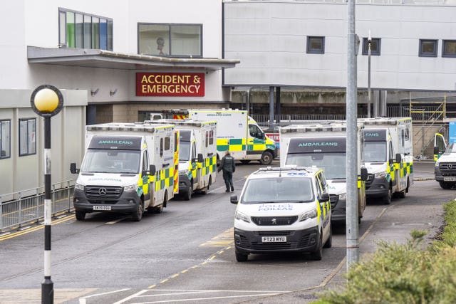 Exterior view of Victoria Hospital in Kirkcaldy, with ambulances outside