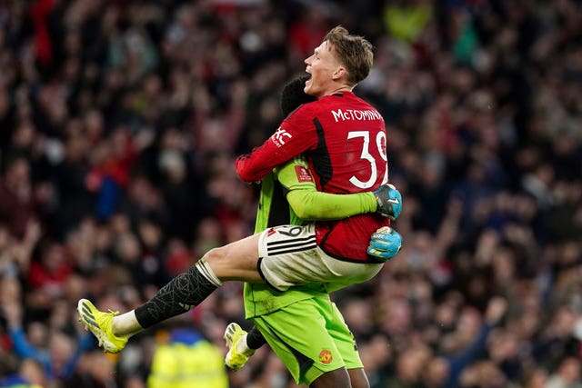 Scott McTominay and Andre Onana celebrate Manchester United's defeat of Liverpool