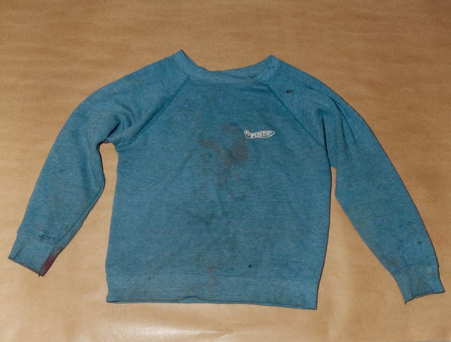 A blue Pinto sweatshirt said to contain vital DNA evidence 