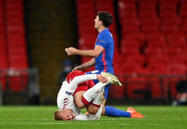 Kasper Dolberg after a foul by Harry Maguire 