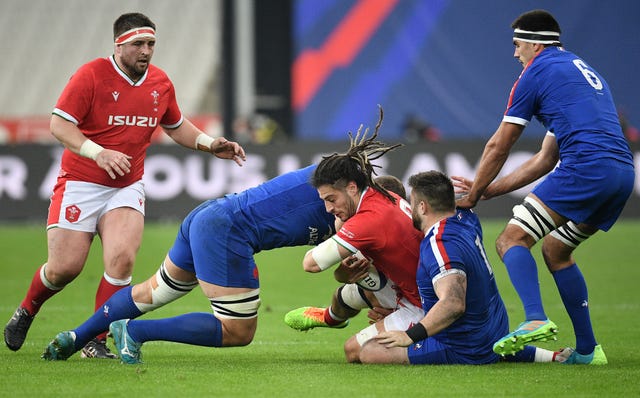 Wales' Josh Navidi is tackled during the Six Nations match against France