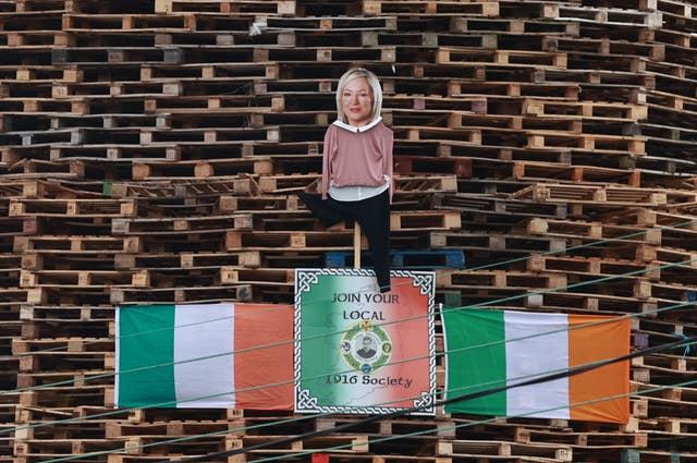 An effigy of Sinn Fein vice president Michelle O’Neill on the Eastvale Avenue bonfire in Dungannon