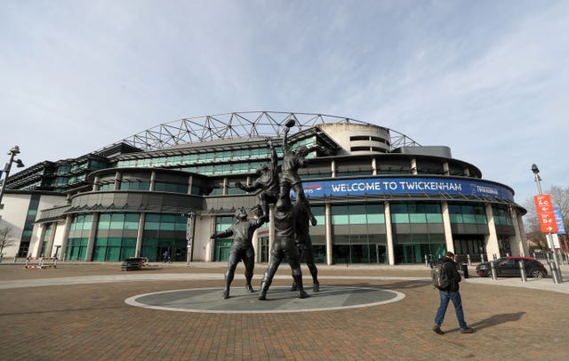 A view of the statue and empty walkways outside Twickenham before a Six Nations match in 2021