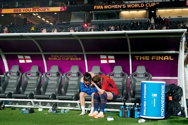 Spain’s Ona Batlle (right) consoles Lucy Bronze following England’s defeat