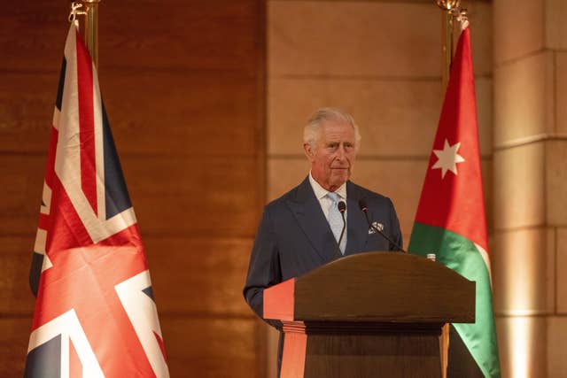 The Prince of Wales speaking at a centenary celebration at the Jordan Museum in Amman
