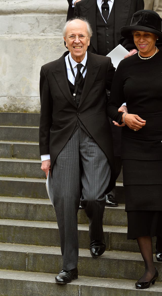 Sir Norman Tebbit leaves after the funeral service of Baroness Thatcher