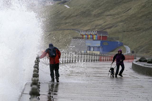 Big waves hit the sea wall at Whitby Yorkshire, before Storm Dudley hits the north of England/southern Scotland from Wednesday night into Thursday morning, closely followed by Storm Eunice, which will bring strong winds and the possibility of snow on Friday