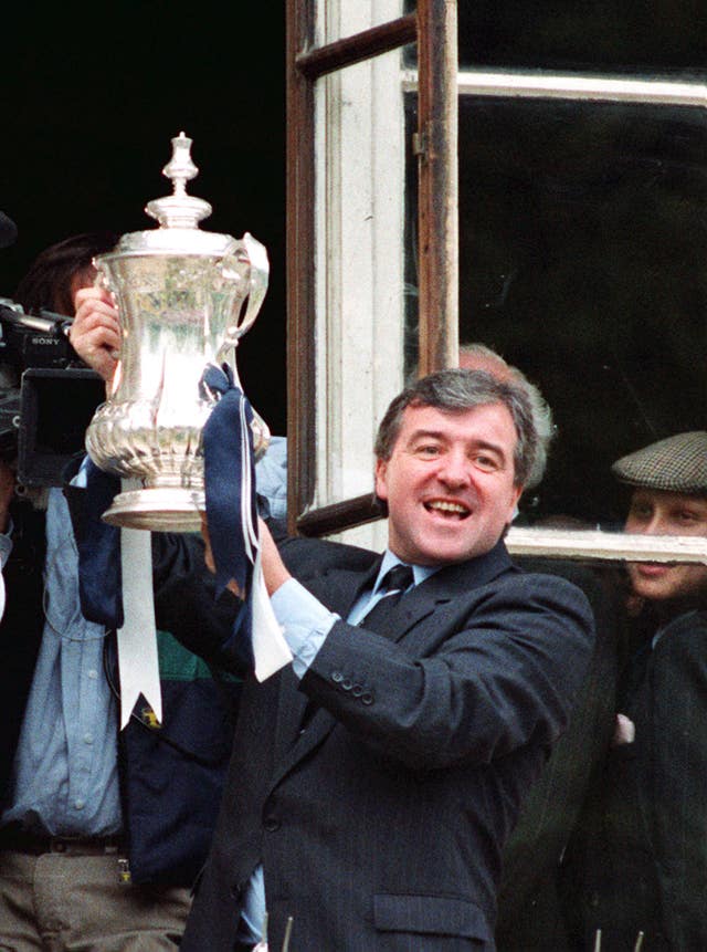 Terry Venables celebrates Tottenham's 1991 FA Cup success