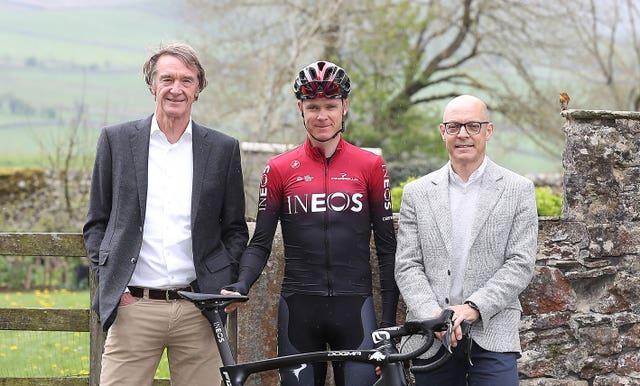Sir Jim Ratcliffe, left, with Chris Froome, centre, and Sir Dave Brailsford