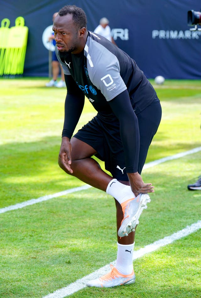World XI’s Usain Bolt during a training session ahead of SoccerAid at Champneys Tring,