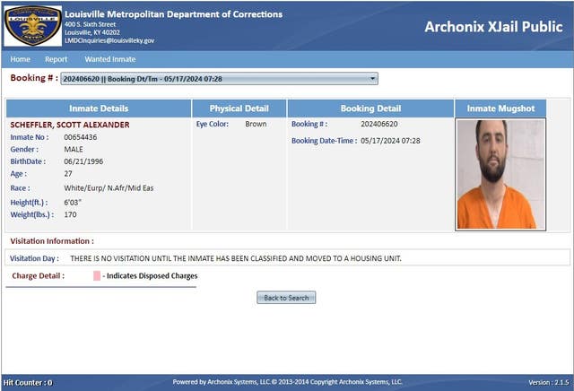 Screen grab taken from the Louisville Metropolitan Department of Corrections of Scottie Scheffler’s detention card