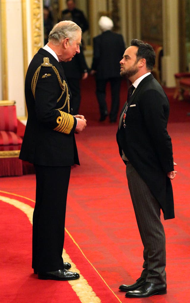 TV presenter Ant McPartlin is made an OBE by the Prince of Wales during an Investiture ceremony at Buckingham Palace (Jonathan Brady/PA)
