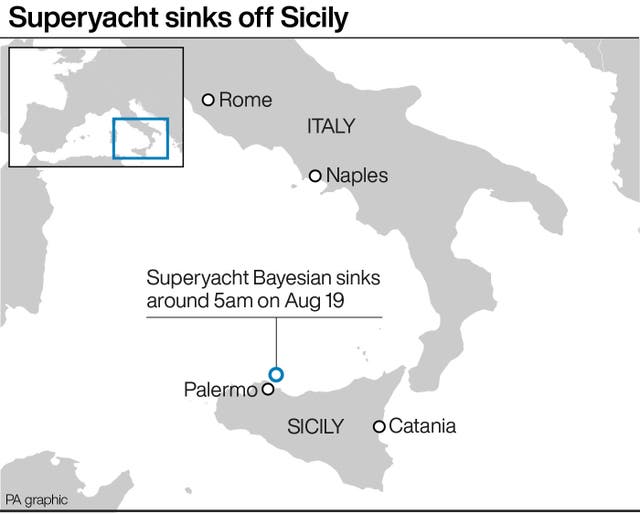 Map showing where superyacht sank off Sicily