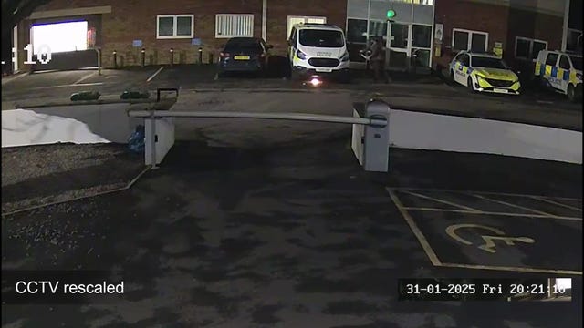 Screengrab from handout CCTV footage of Alexander Dighton from Llantrisant attacking a police van 