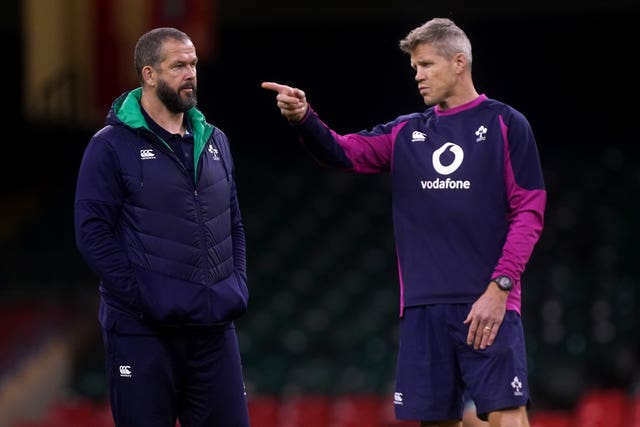 Ireland’s management team, including head coach Andy Farrell, left, and defence coach Simon Easterby, right