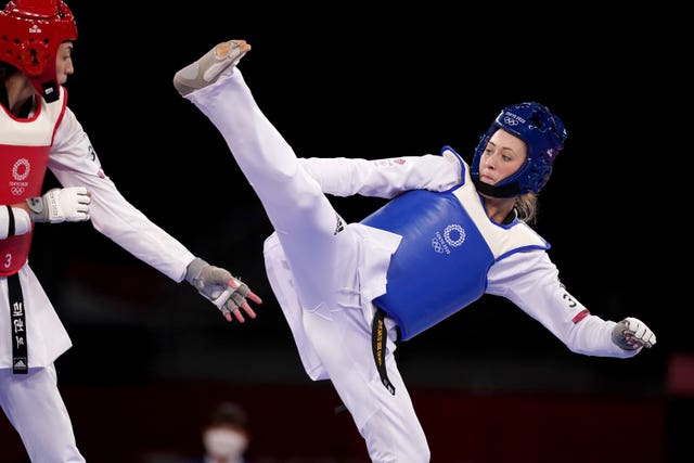 Jade Jones in action with a kick in Tokyo 2020.