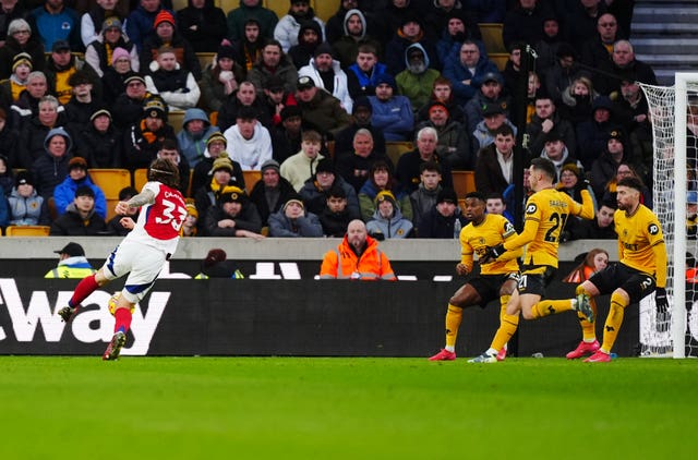 Arsenal’s Riccardo Calafiori fires home the only goal of the game