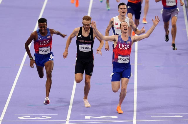 Jakob Ingebrigtsen, top right, trails 1500m medallists, right to left, Cole Hocker, Josh Kerr and Yared Nuguse