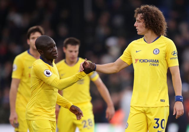 Chelsea goalscorer N'Golo Kante and David Luiz, right, after their 1-0 win at Crystal Palace