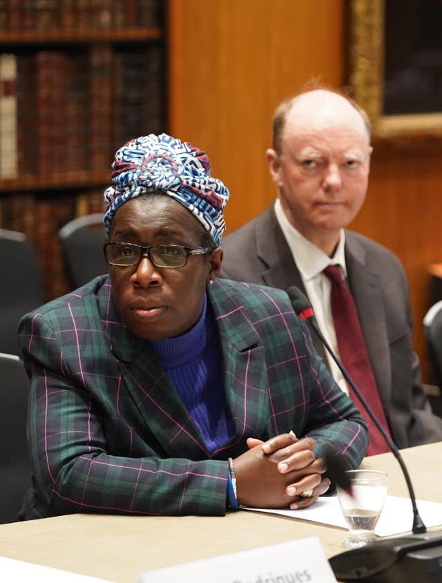 Rosamund Adoo-Kissi-Debrah, left, and Professor Sir Chris Whitty at the summit 