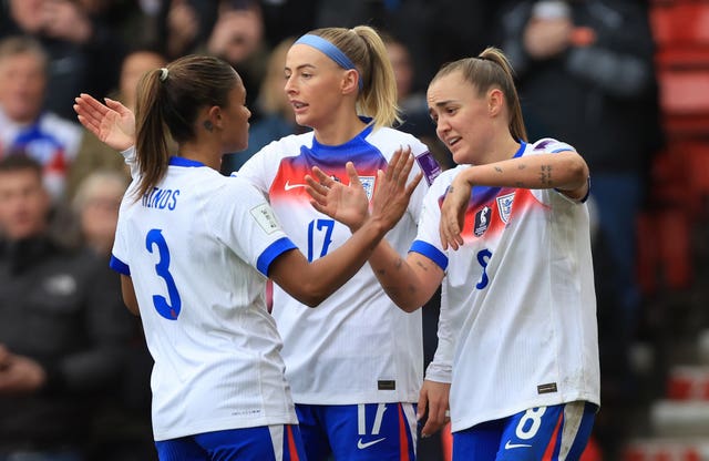 Georgia Stanway, right, celebrates with team-mates 
