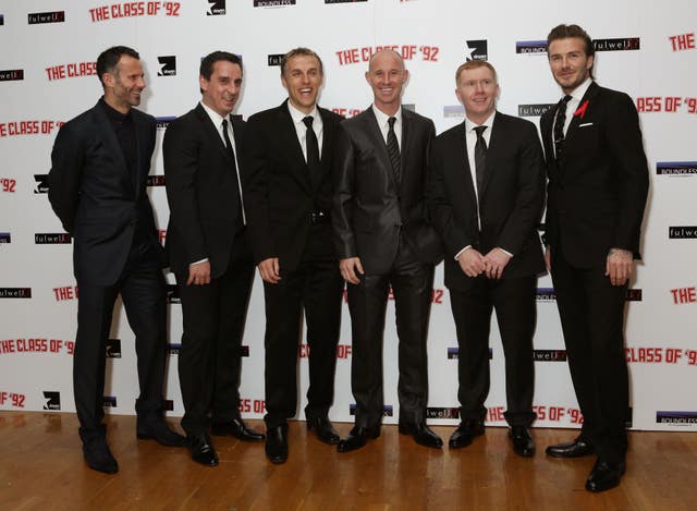 Phil Neville (third from left) says Stiles taught the 'Class of 92' how to be United players (Yui Mok/PA).