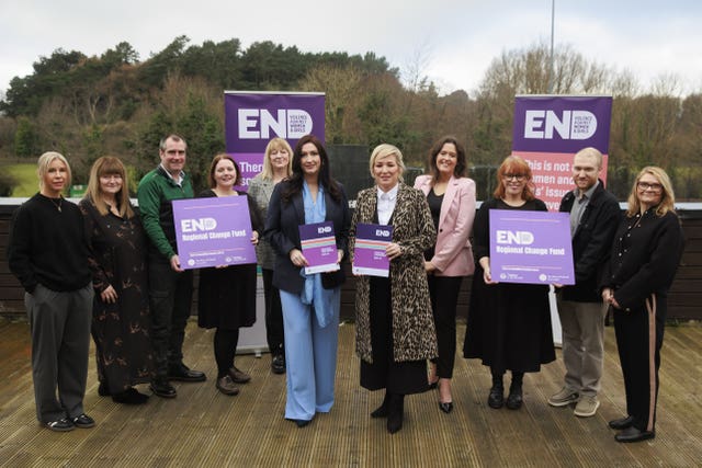 First Minister Michelle O’Neill (right) and deputy First Minister Emma Little-Pengelly during an event to launch a Regional Change Fund to support ending violence against women and girls at the Pavilion in Stormont, Belfast