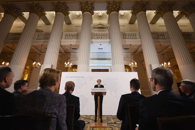 Prime Minister Theresa May delivers a speech at the Mansion House in London on the UK’s economic partnership with the EU after Brexit. (Leon Neal/PA)