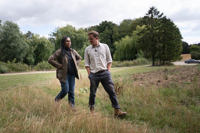 Conservative Party leader Kemi Badenoch and farmer Sam Goddard