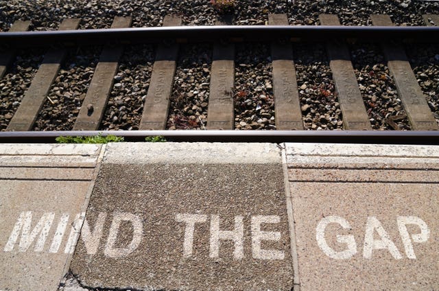 A 'mind the gap’ sign at Great Malvern railway station in Worcestershire